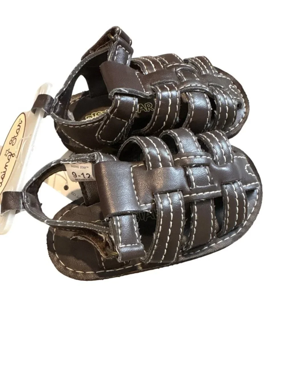 Rising Star Baby Sandals Brown Faux Leather Size 9-12M With Hook & Loop Closure